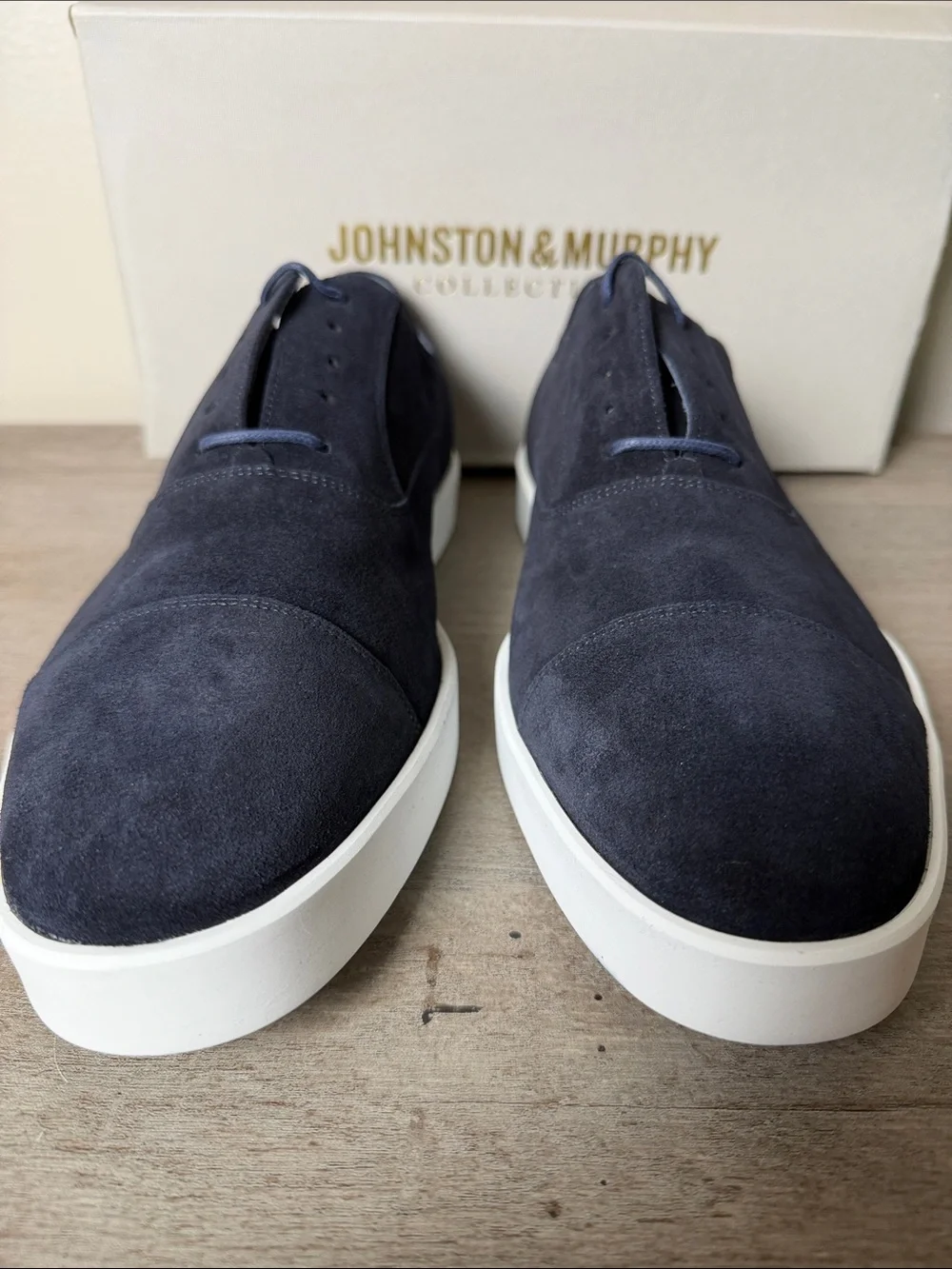 Johnston & Murphy Navy Italian Suede Bolivar Cap Toe with White Sole